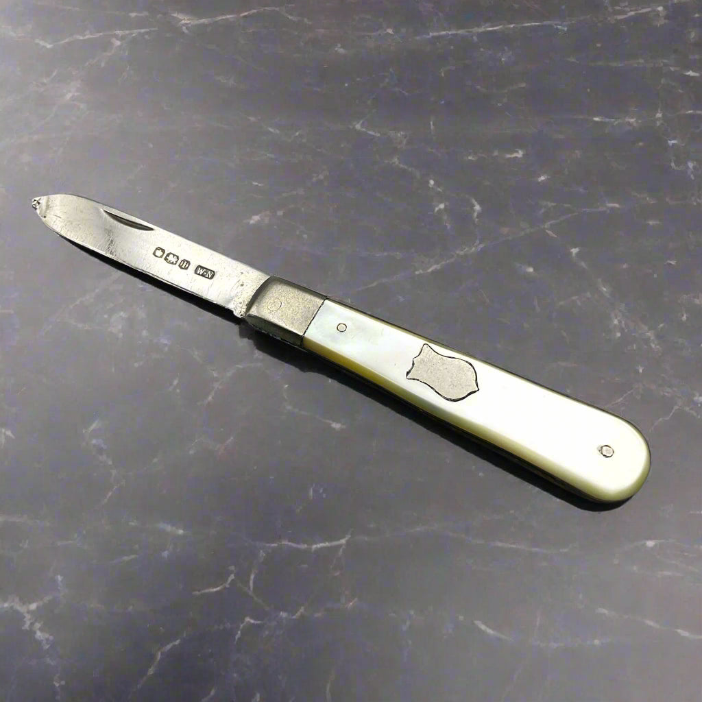 Silver fruit knife with a mother of pearl handle on a black marble worktop