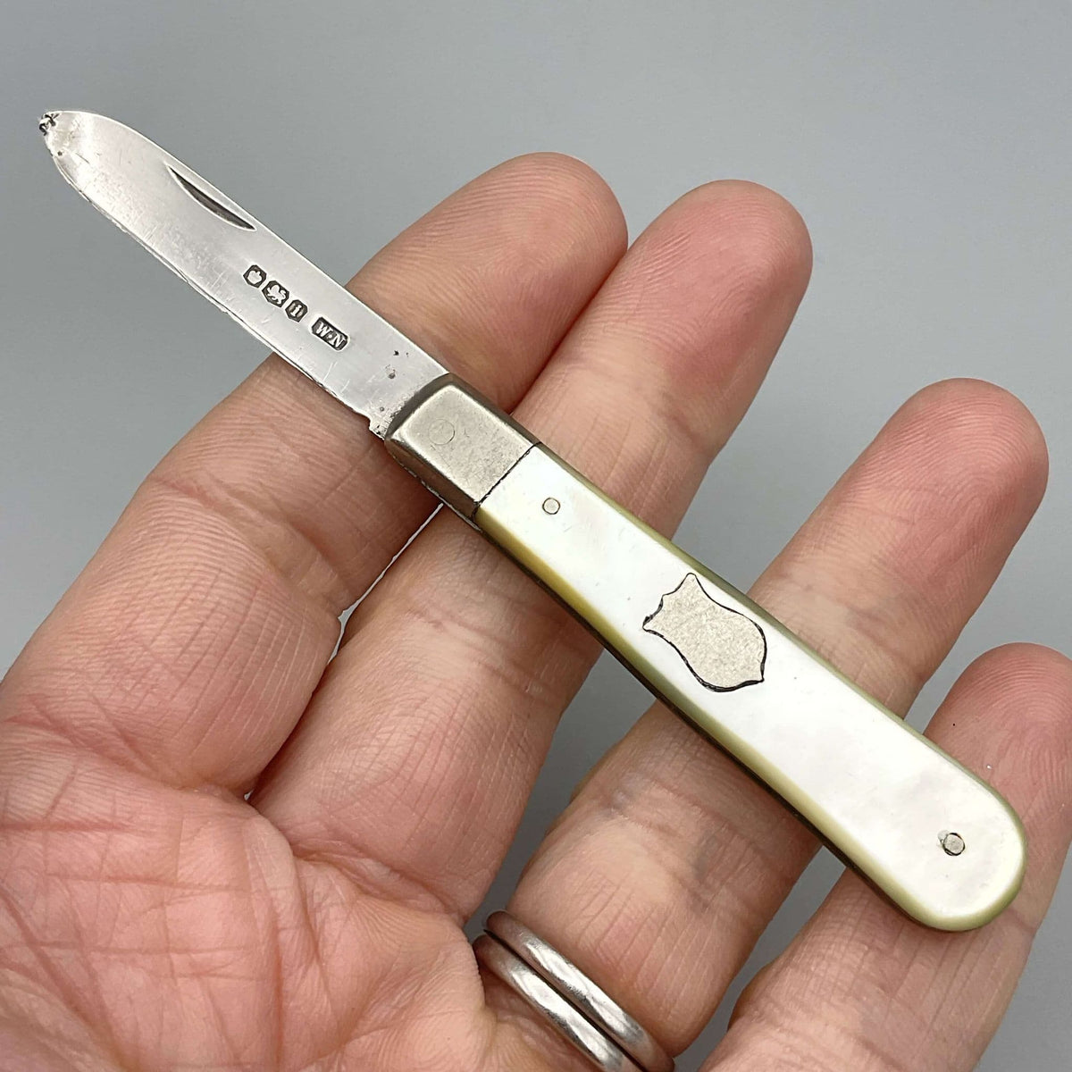 Silver fruit knife with a mother of pearl handle held in a hand 