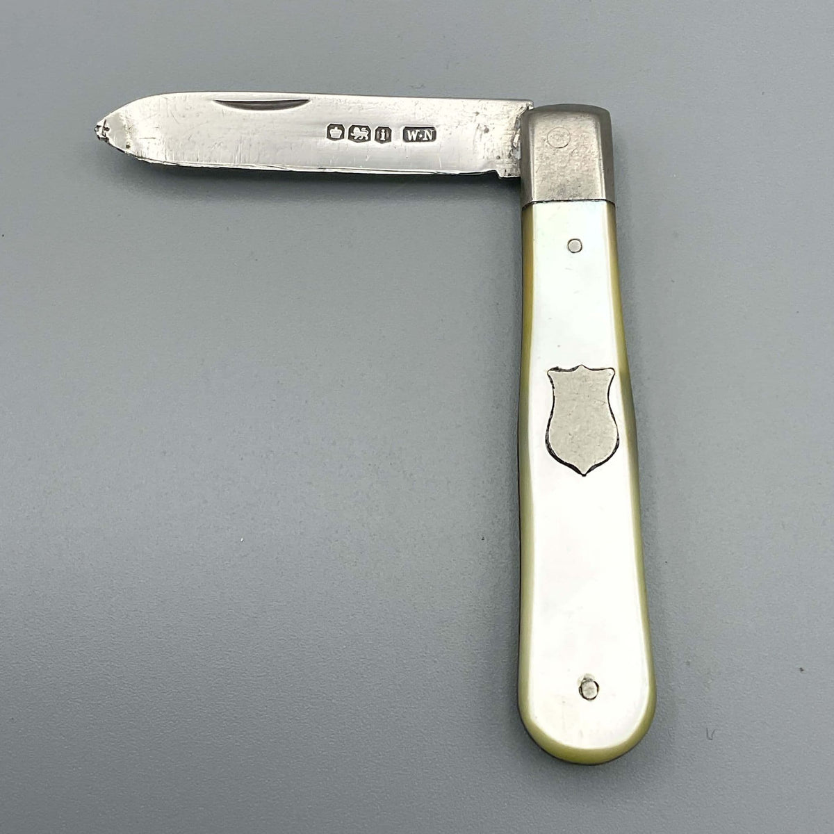 Silver fruit knife with a mother of pearl handle on a grey background 