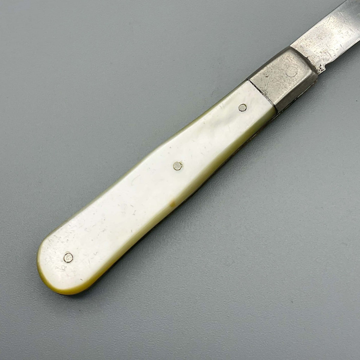 A mother of pearl handle on a grey background 