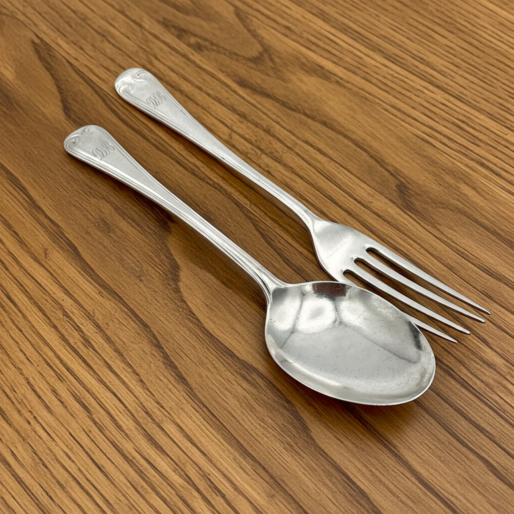 A matching silver spoon and fork sitting on a wood table