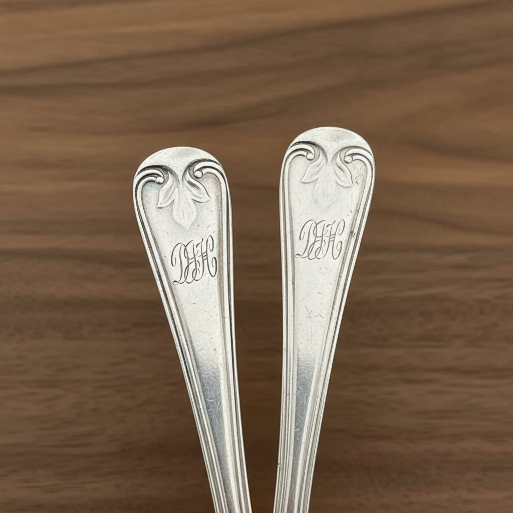 Tops of the silver handles showing DJH engraved with wood background