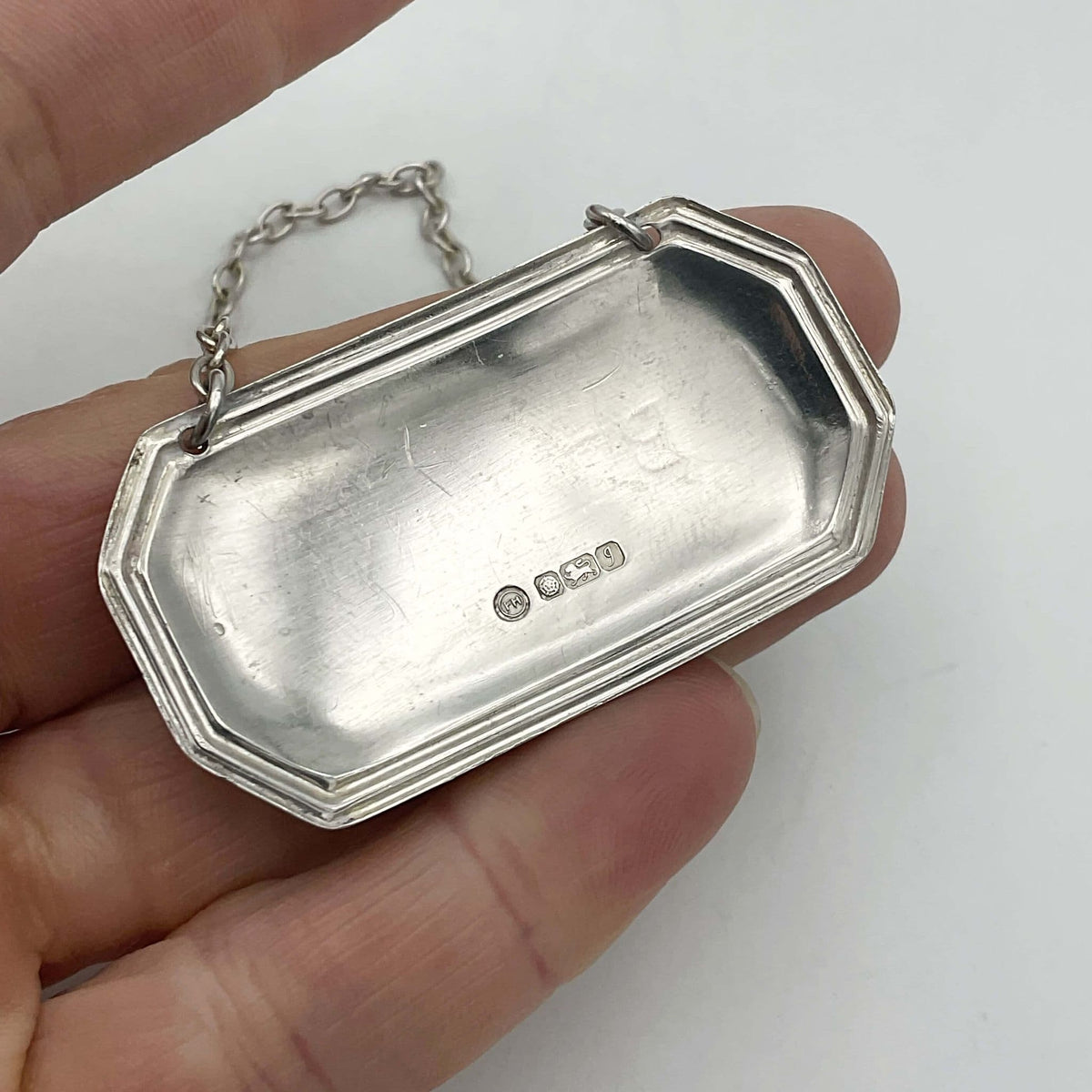 Vintage 1983 Brandy Sterling Silver Decanter Label by Beeches Vintage, featuring engraved detailing for elegant alcohol labeling.