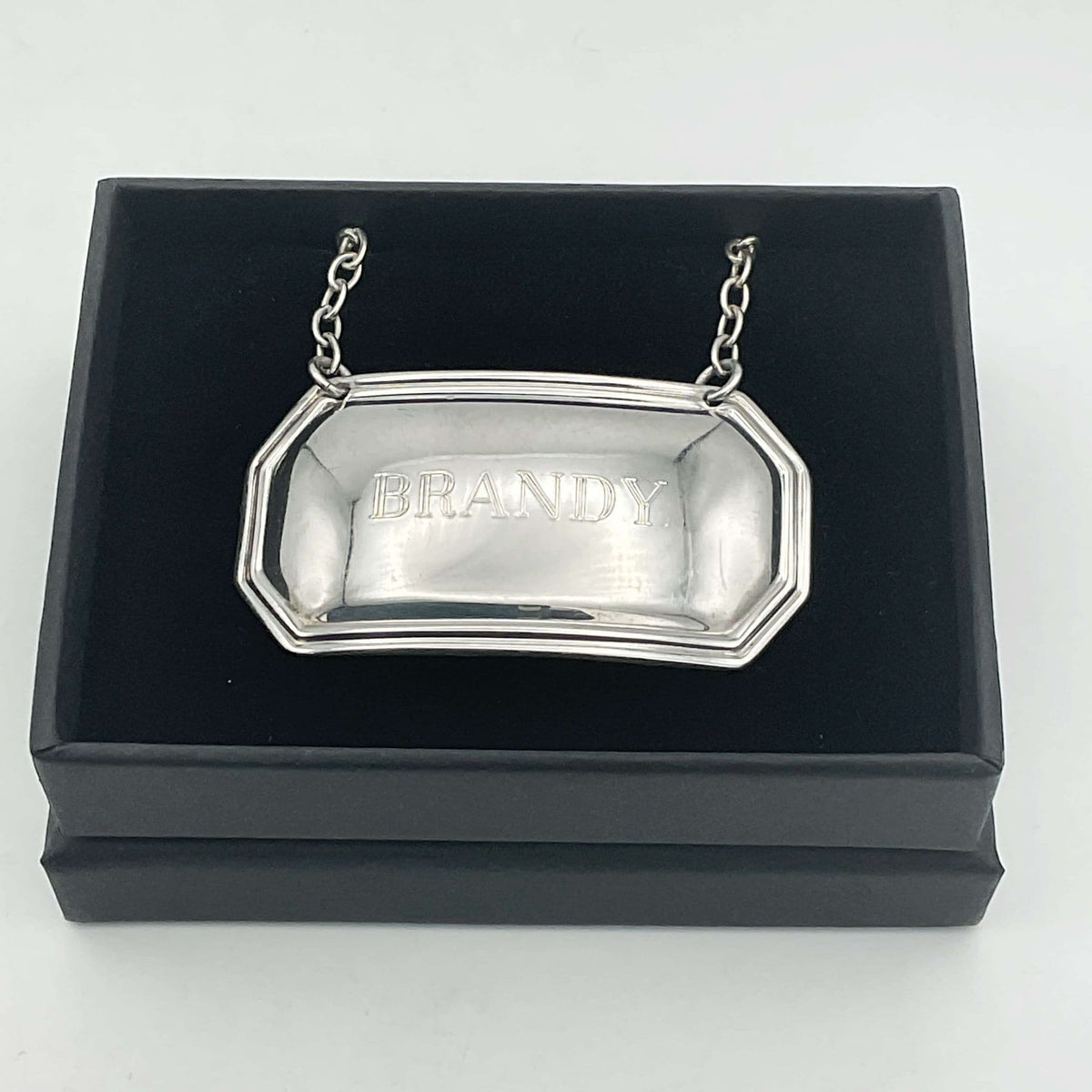 Vintage 1983 Brandy Sterling Silver Decanter Label by Beeches Vintage, ornate silver label with engraved details for decanter identification.