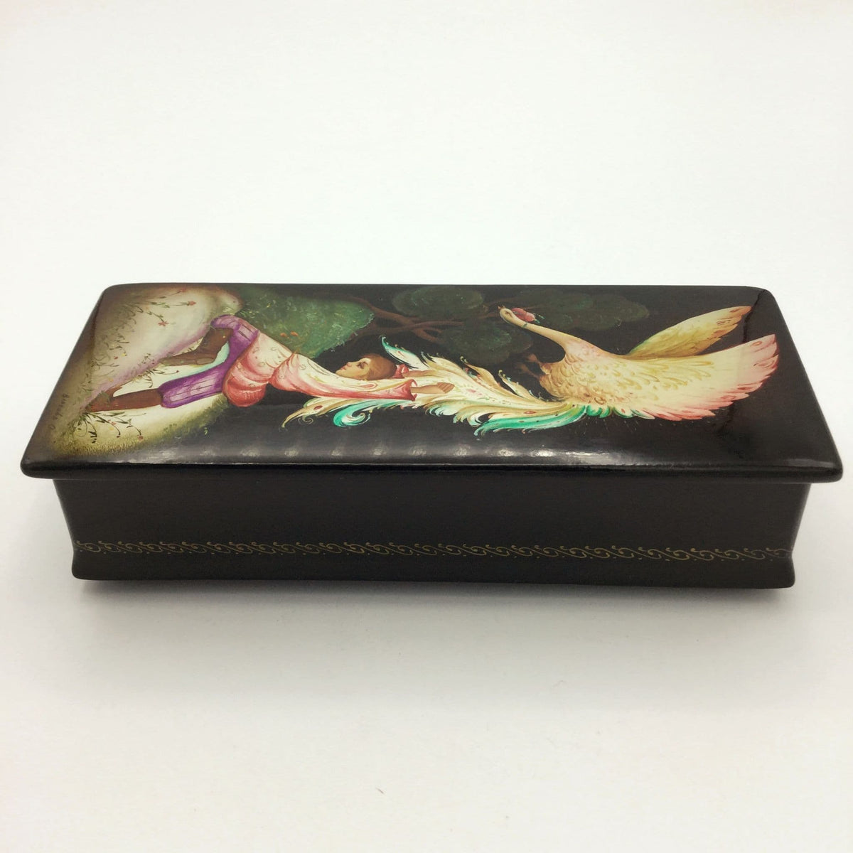 Hand-painted wooden Russian trinket box from 1984, Fedoskino miniature featuring detailed traditional artwork.