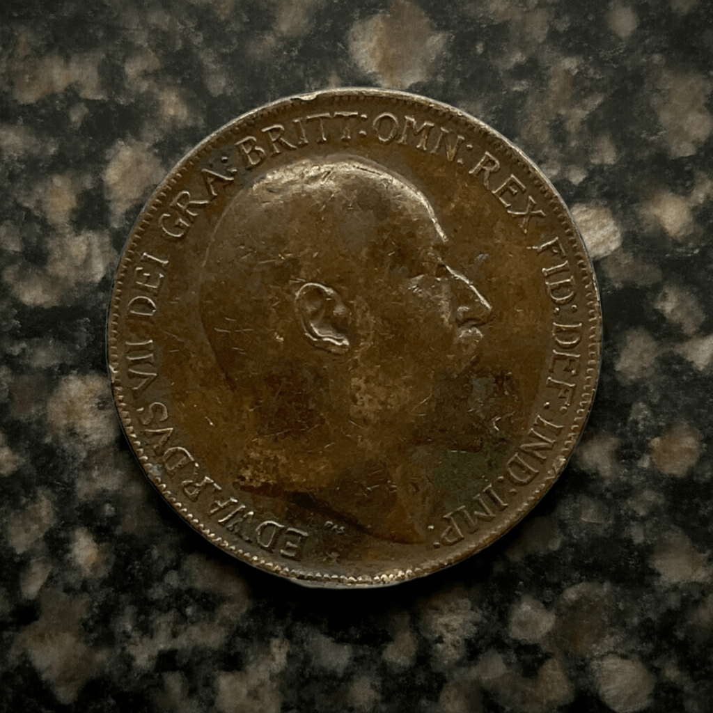 Antique 1909 King Edward VII one penny coin from Beeches Vintage, featuring detailed portrait and historical design.