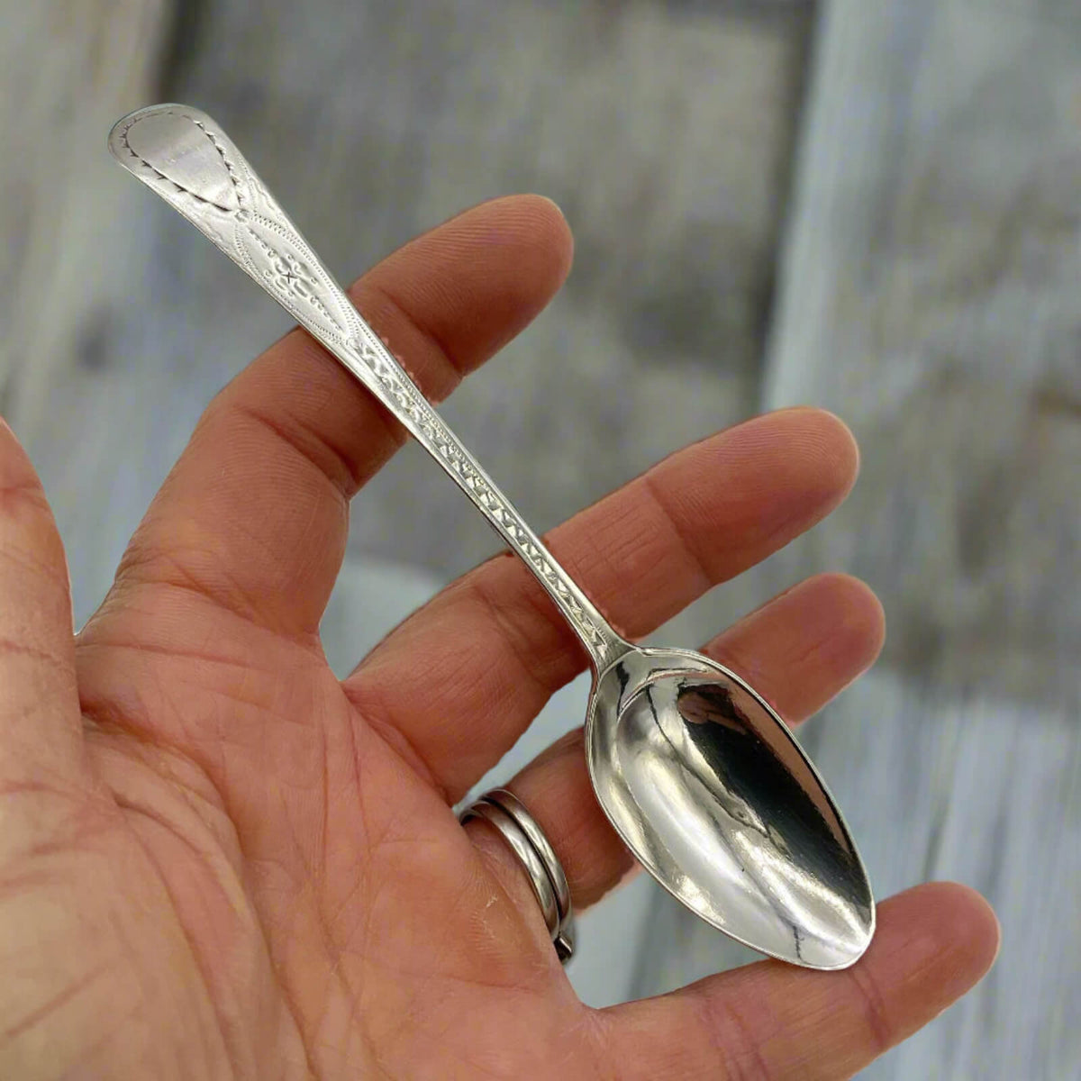 Silver spoon held in a hand with a blurred natural background