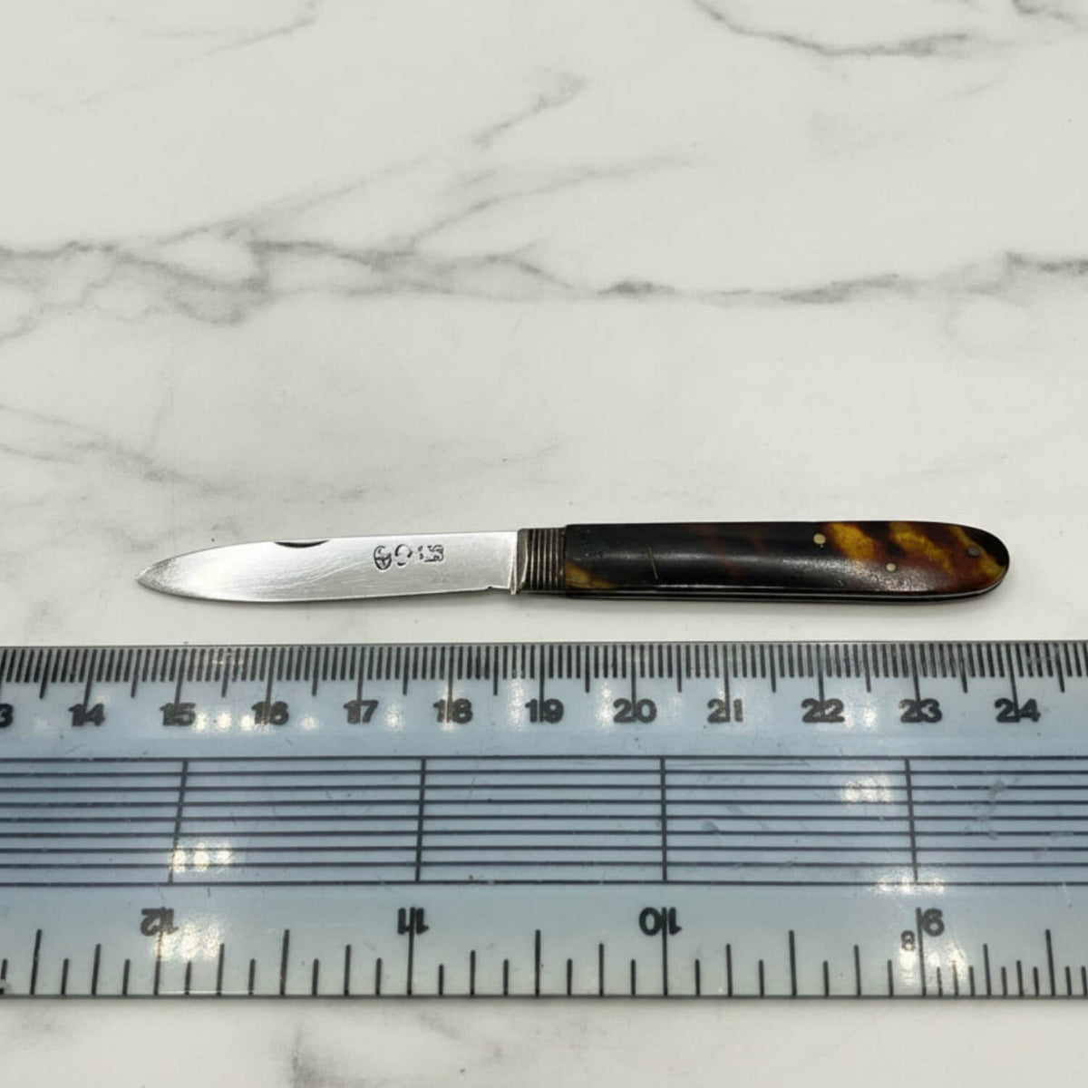 Antique 1819 Sterling Silver Fruit Knife with a silver blade and faux tortoiseshell handle shown horizontally above a clear plastic ruler for scale on a light off-white background.