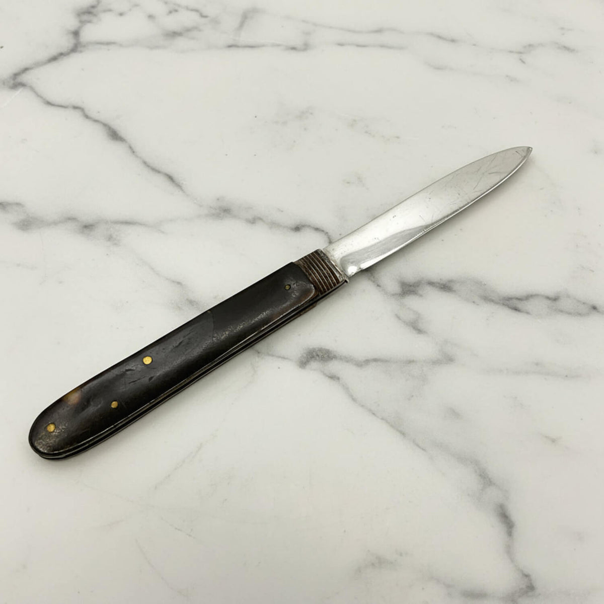Antique 1819 Sterling Silver Fruit Knife withjh a dark brown handle made of faux tortoiseshell, accented with brass pins, shown on a light off-white background.