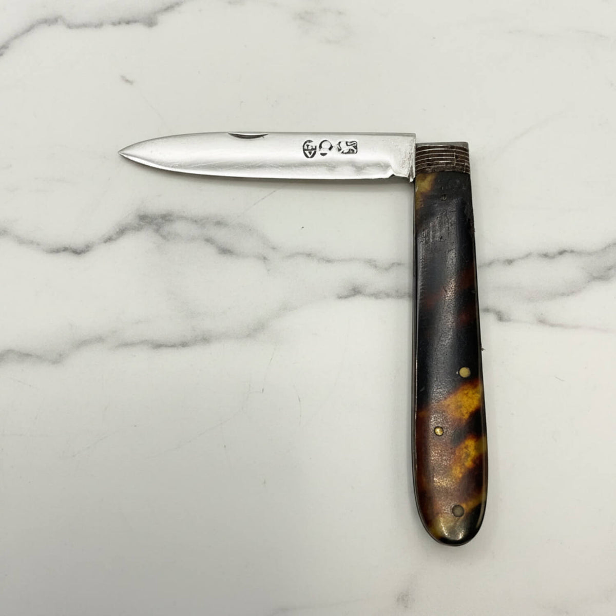 Antique 1819 Sterling Silver Fruit Knife with a faux tortoiseshell handle showing brown, amber, and black marbling, photographed on a light gray background.