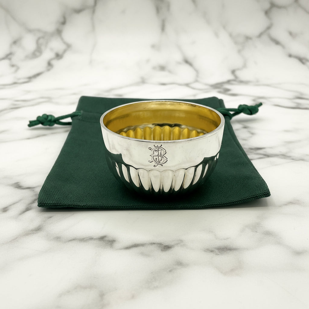 Glided silver Victorian salt on a green gift bag and white background 