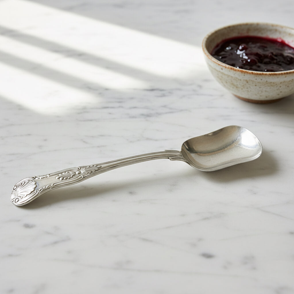 An ornate silver spoon with a decorative handle lies on a white marble surface, with a small ceramic bowl of dark jam blurred in the background.