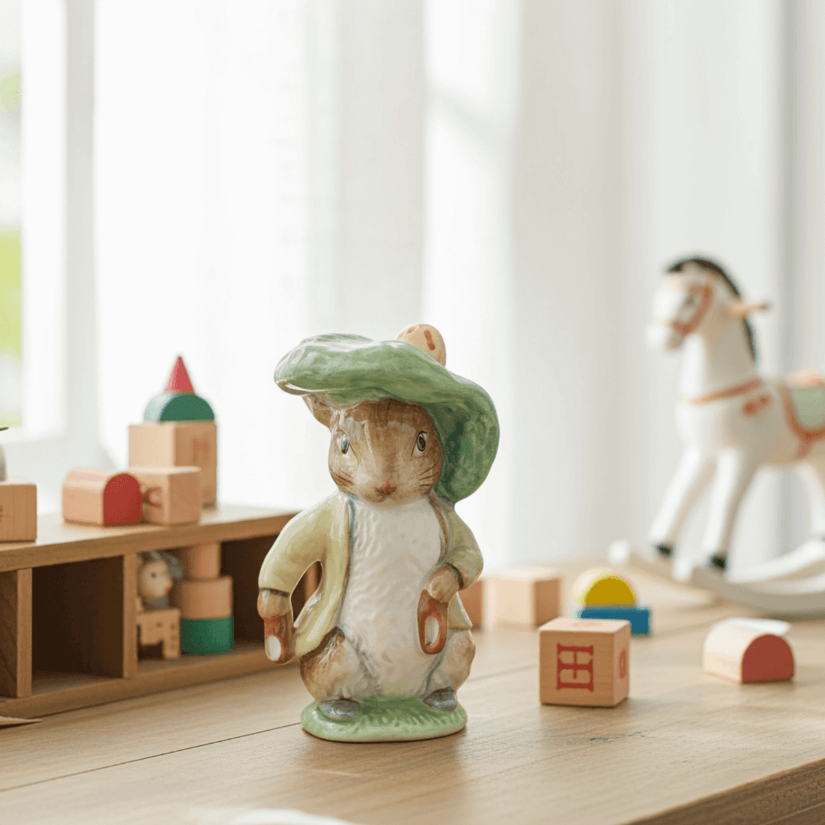 Toy figure of a rabbit wearing a green hat on a wooden floor with toys in the background