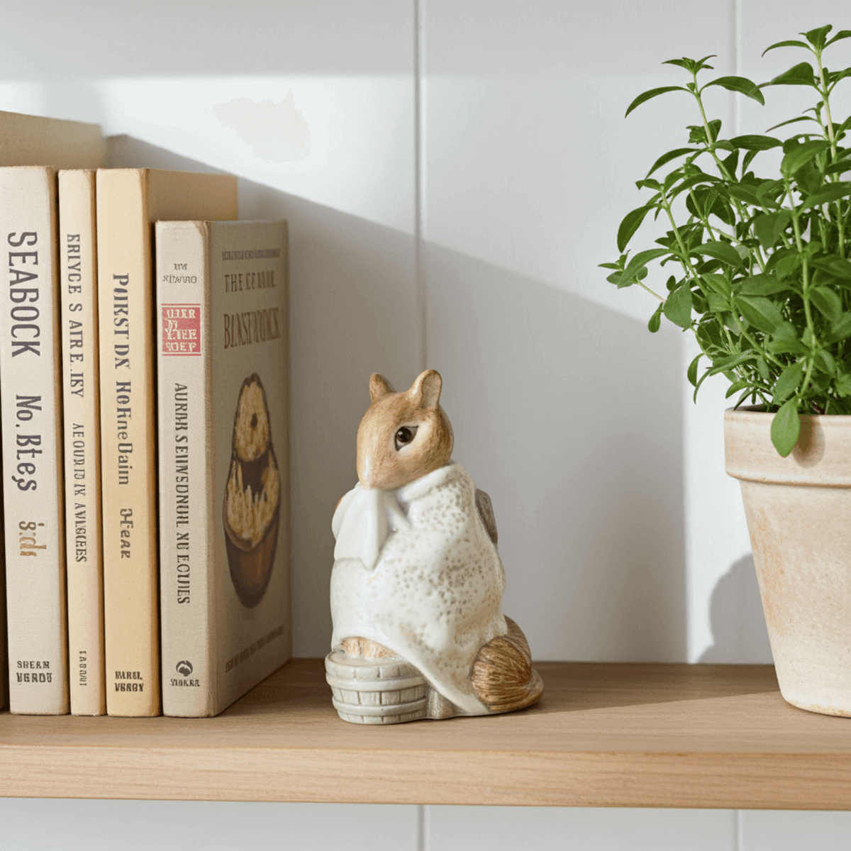 Chippy Hackee figurine on a shelf with books and a plant