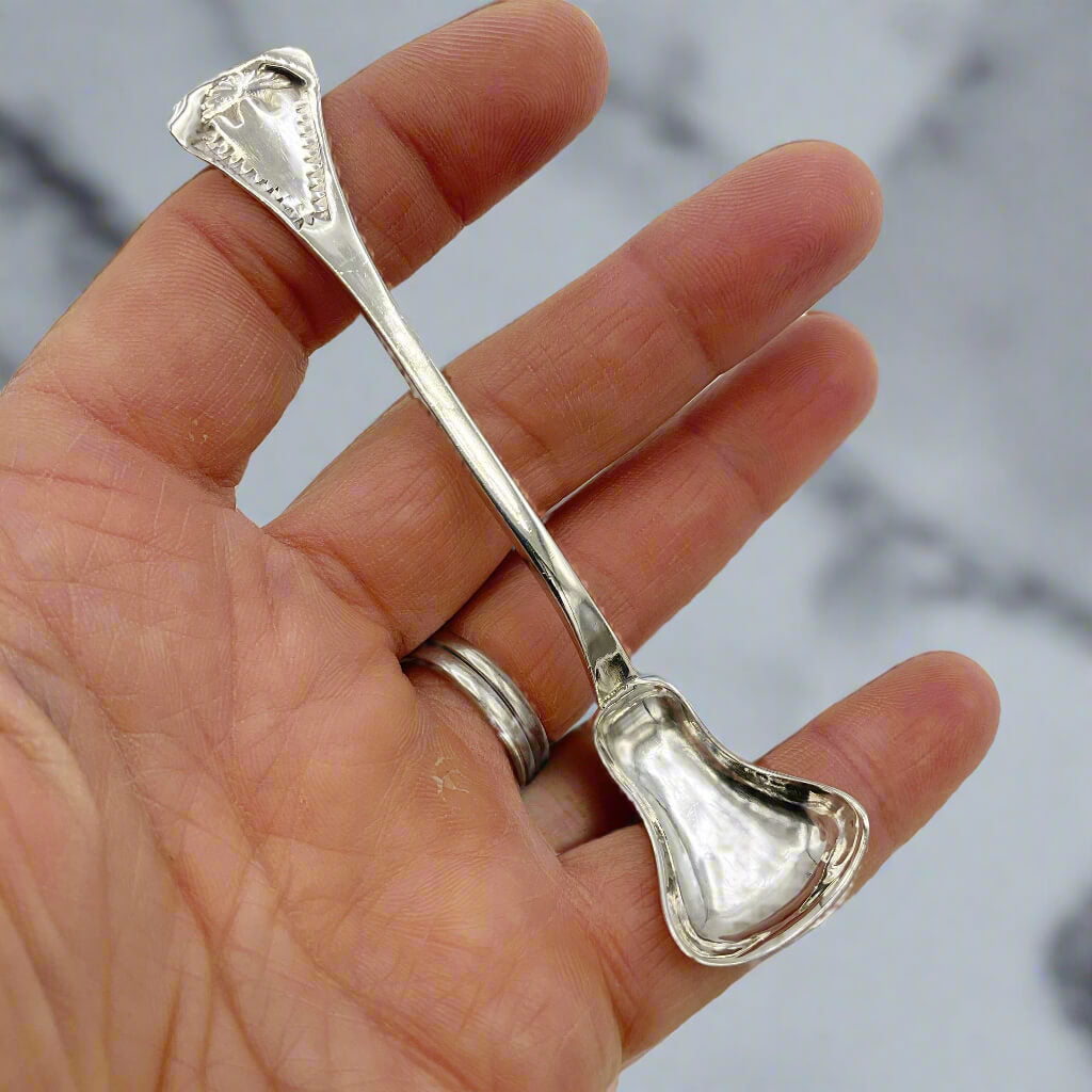 Silver decorative spoon held in a hand with a blurred background