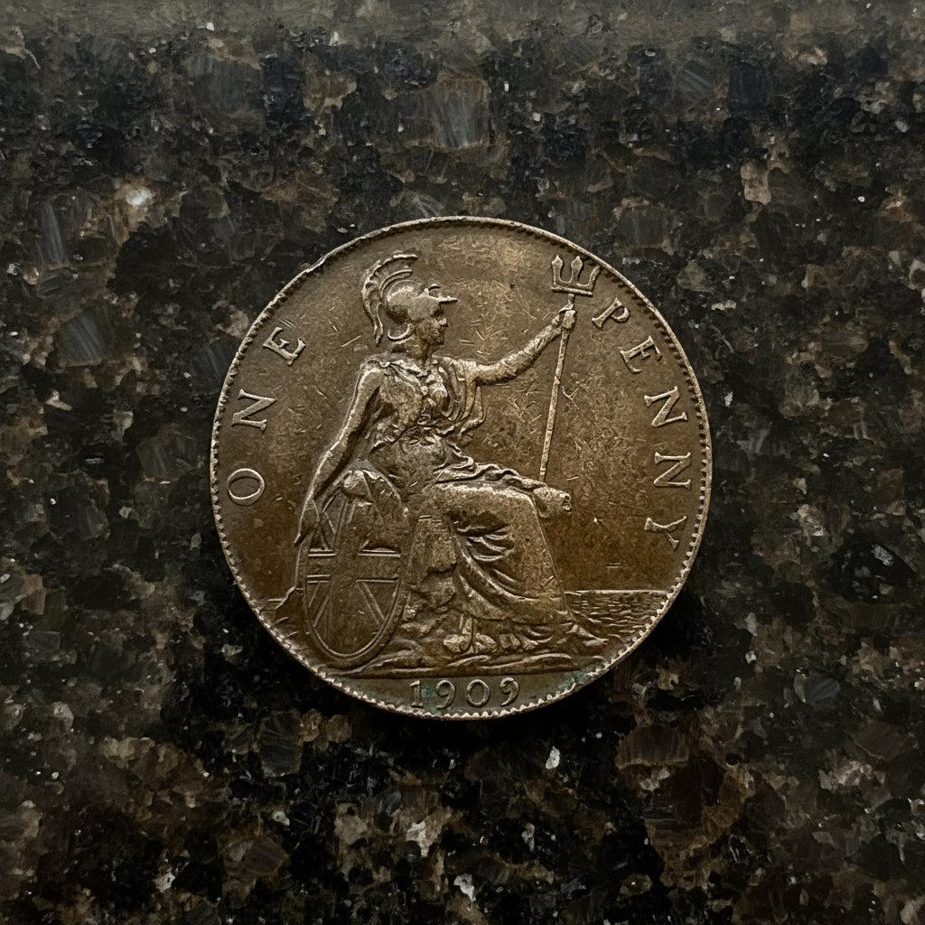 Antique one penny on dark granite worktop
