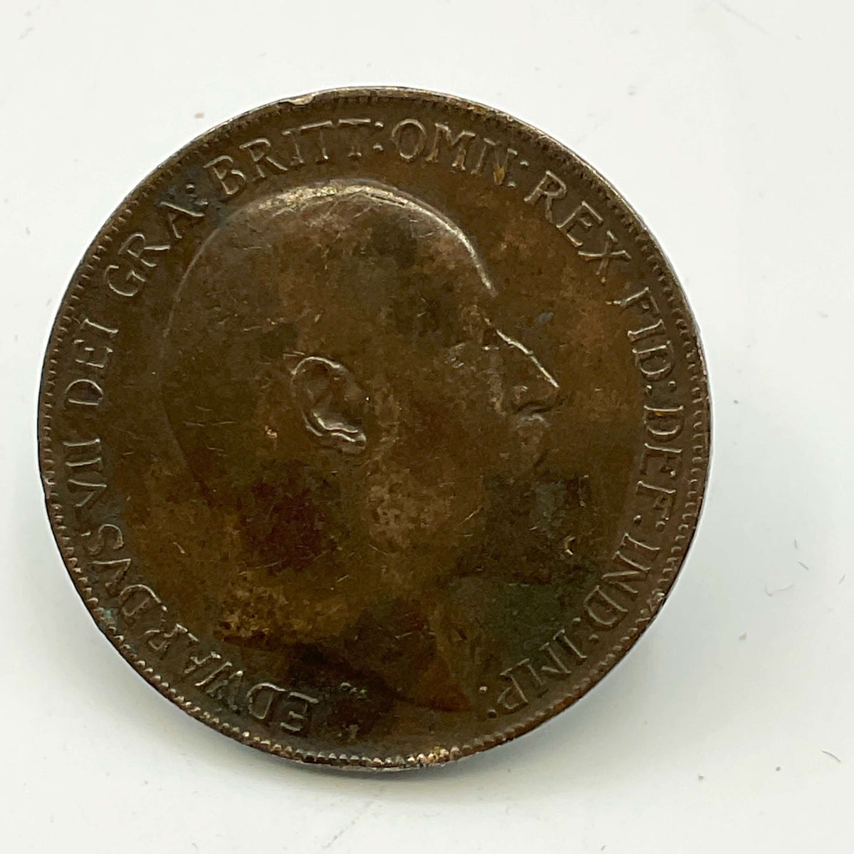 Antique 1909 King Edward VII one penny coin from Beeches Vintage, showing detailed portrait and historic design.