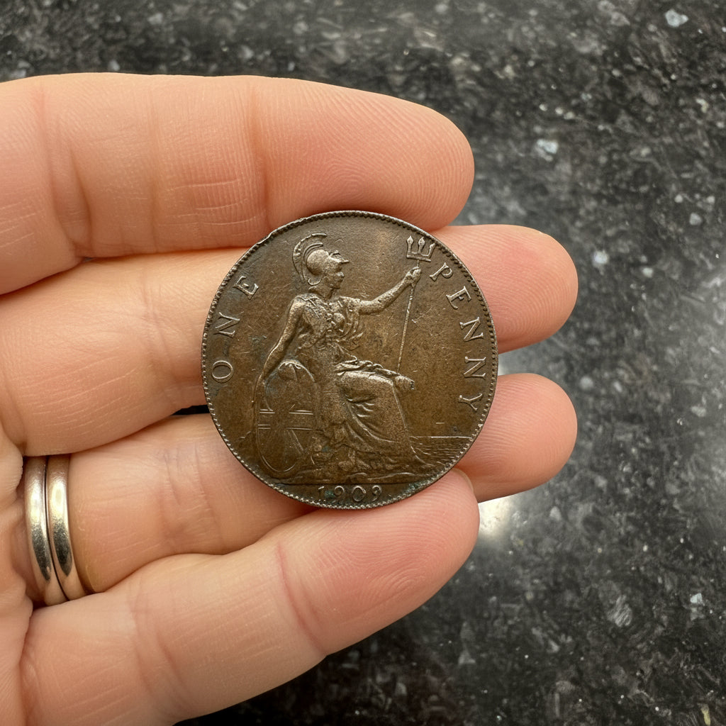 Hand holding an antique copper one penny with intricate design on a dark granite background
