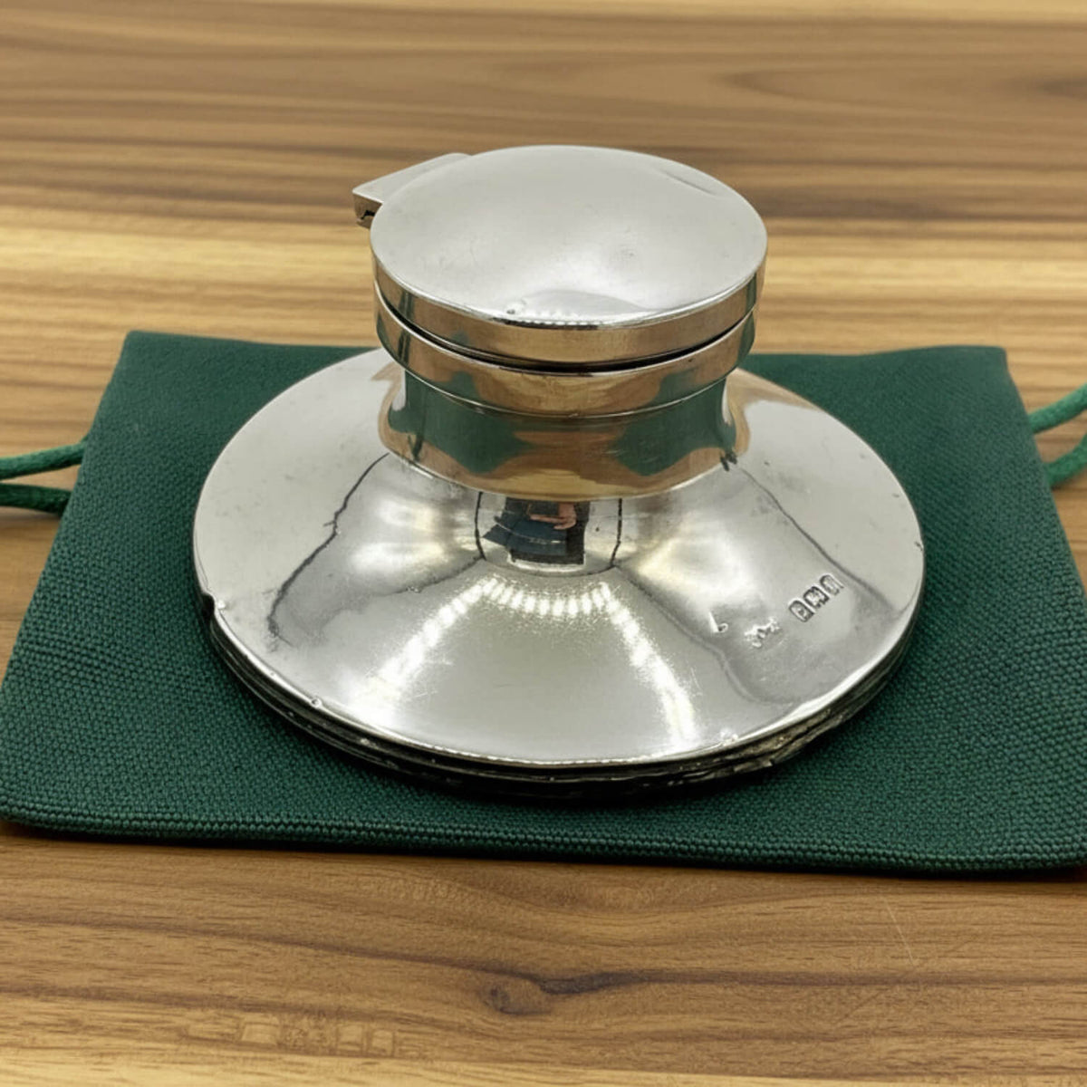 Antique small sterling silver inkwell by Beeches Vintage, featuring a detailed vintage design and classic ink reservoir.