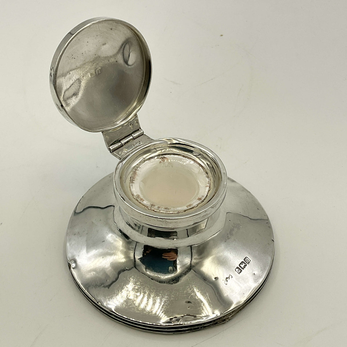Small antique sterling silver inkwell by Beeches Vintage, featuring intricate detailing and classic design.