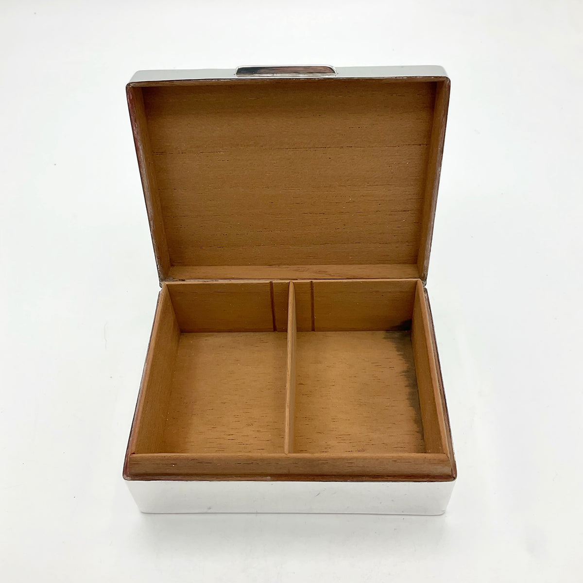 Vintage cigarette box lid open showing fully lined cedar wood interior and a divider in the middle