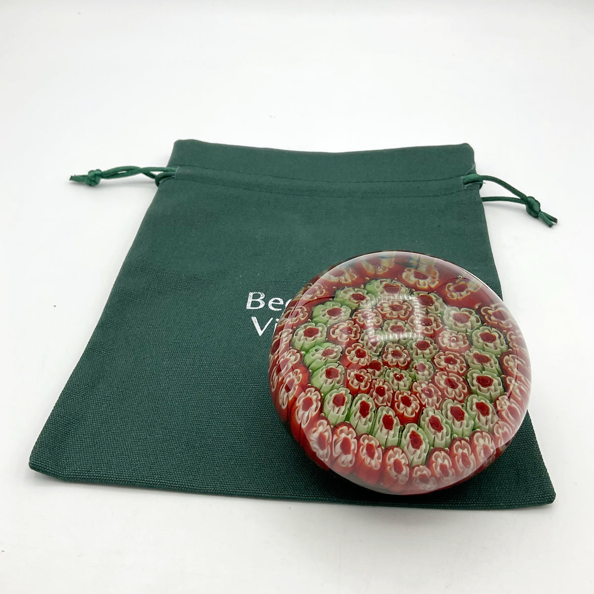 Round Millefiori Red and Green Glass Paperweight - Beeches Vintage