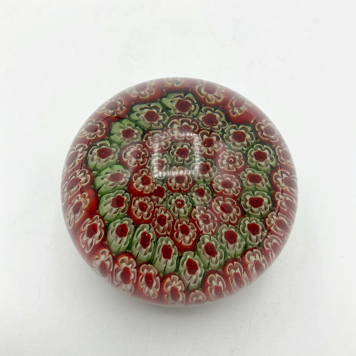 Round Millefiori Red and Green Glass Paperweight - Beeches Vintage