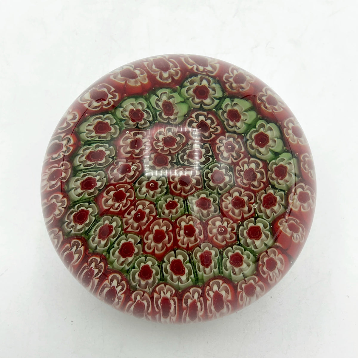 Round Millefiori Red and Green Glass Paperweight - Beeches Vintage