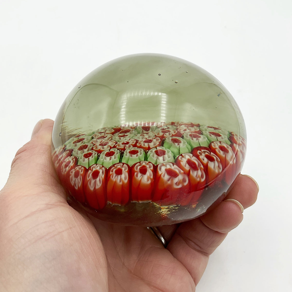 Round Millefiori Red and Green Glass Paperweight - Beeches Vintage