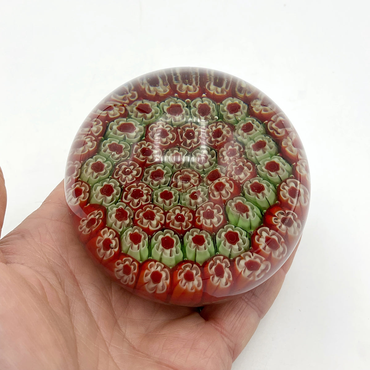 Round Millefiori Red and Green Glass Paperweight - Beeches Vintage