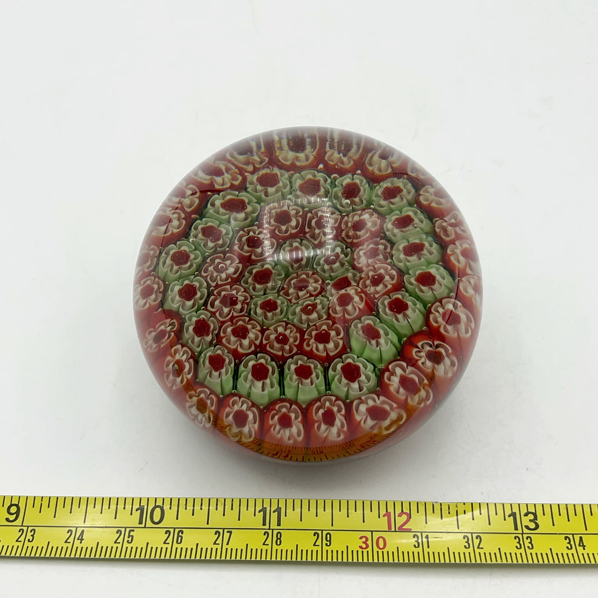 Round Millefiori Red and Green Glass Paperweight - Beeches Vintage