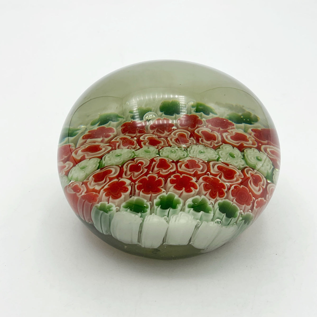 Millefiori Red Green and White Glass Paperweight - Beeches Vintage