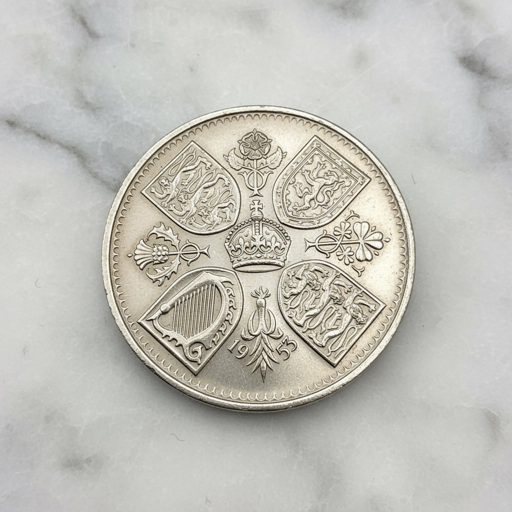 1953 Queen Elizabeth II coronation Coin on marble