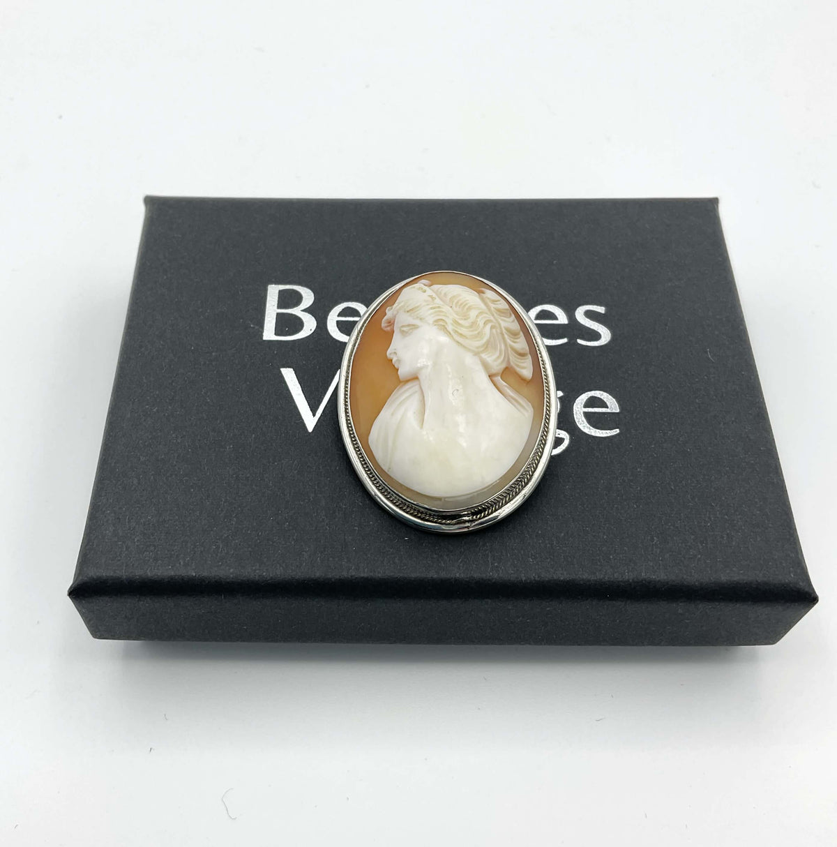Cameo Silver Brooch on a black presentation box