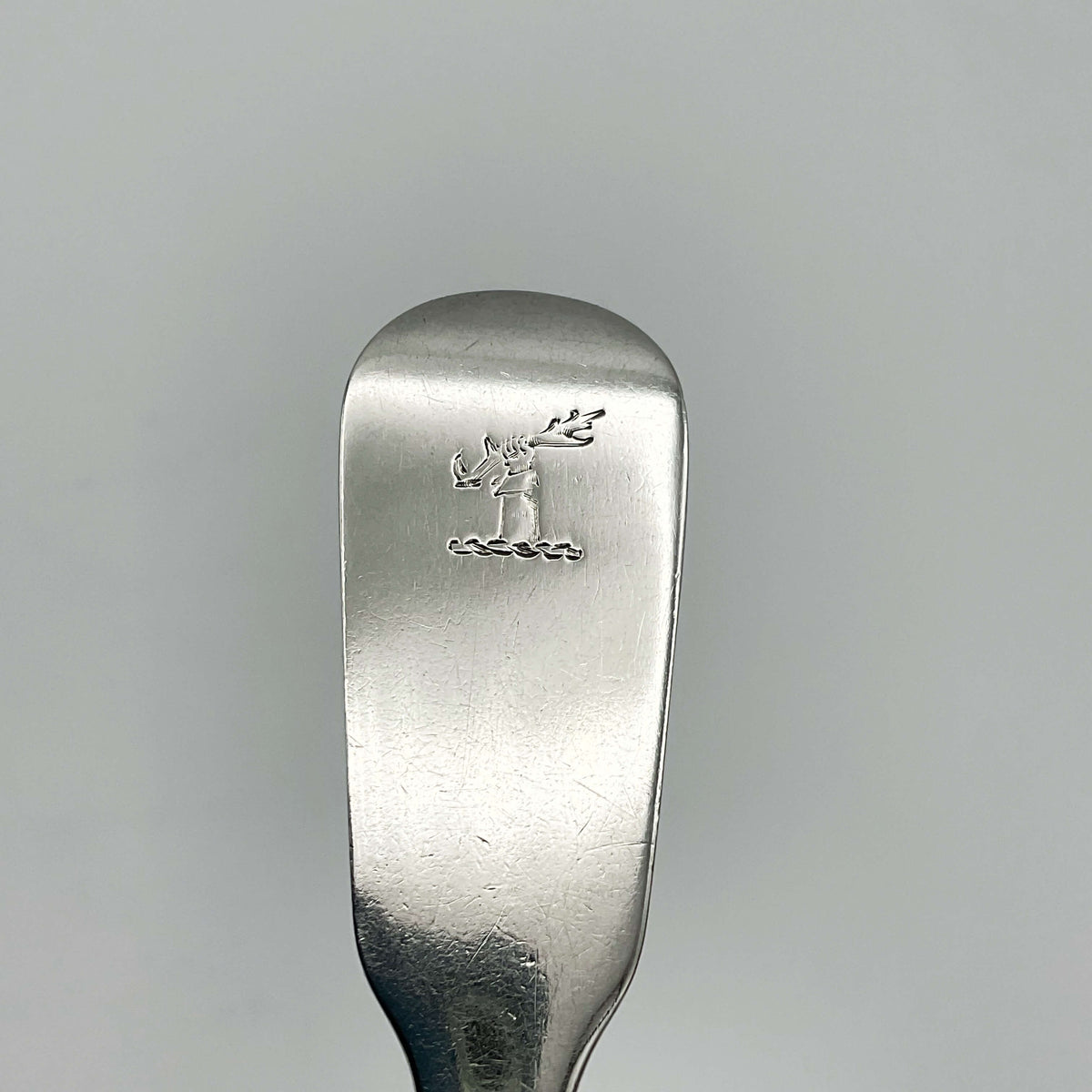 Antique 1813 Beeches Vintage sterling silver dessert spoon with ornate handle and detailed craftsmanship.