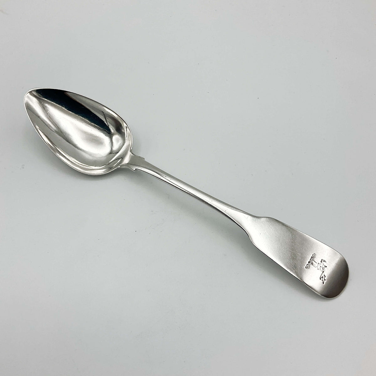 Antique 1813 sterling silver dessert spoon by Beeches Vintage, with ornate handle and polished bowl, vintage tableware piece.