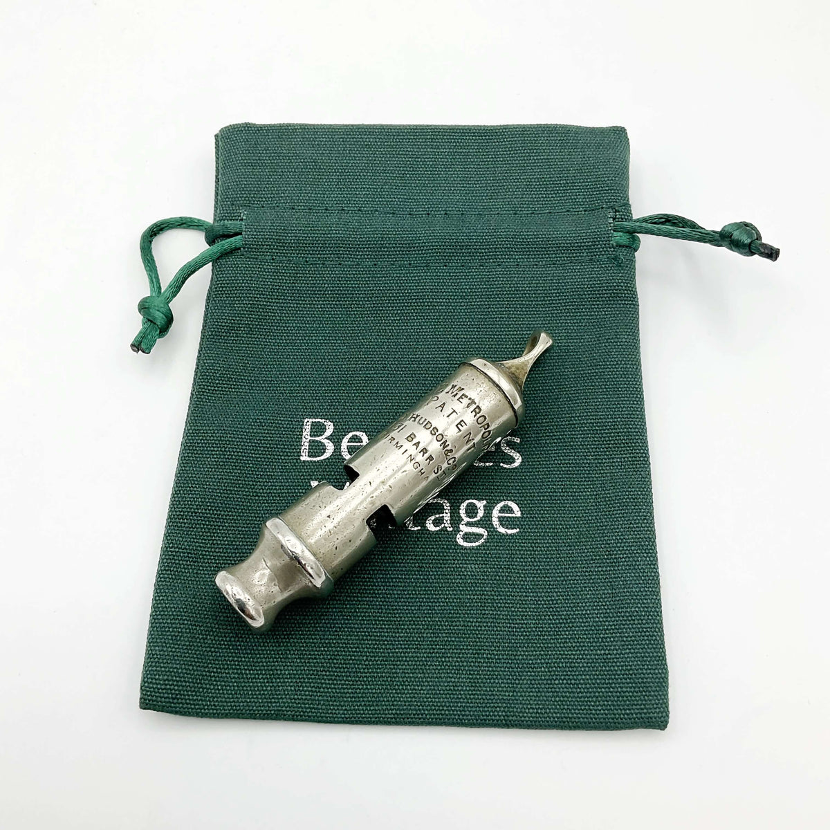 Antique police whistle from Beeches Vintage, vintage brass accessory with a classic design, suitable for collectibles or costumes.
