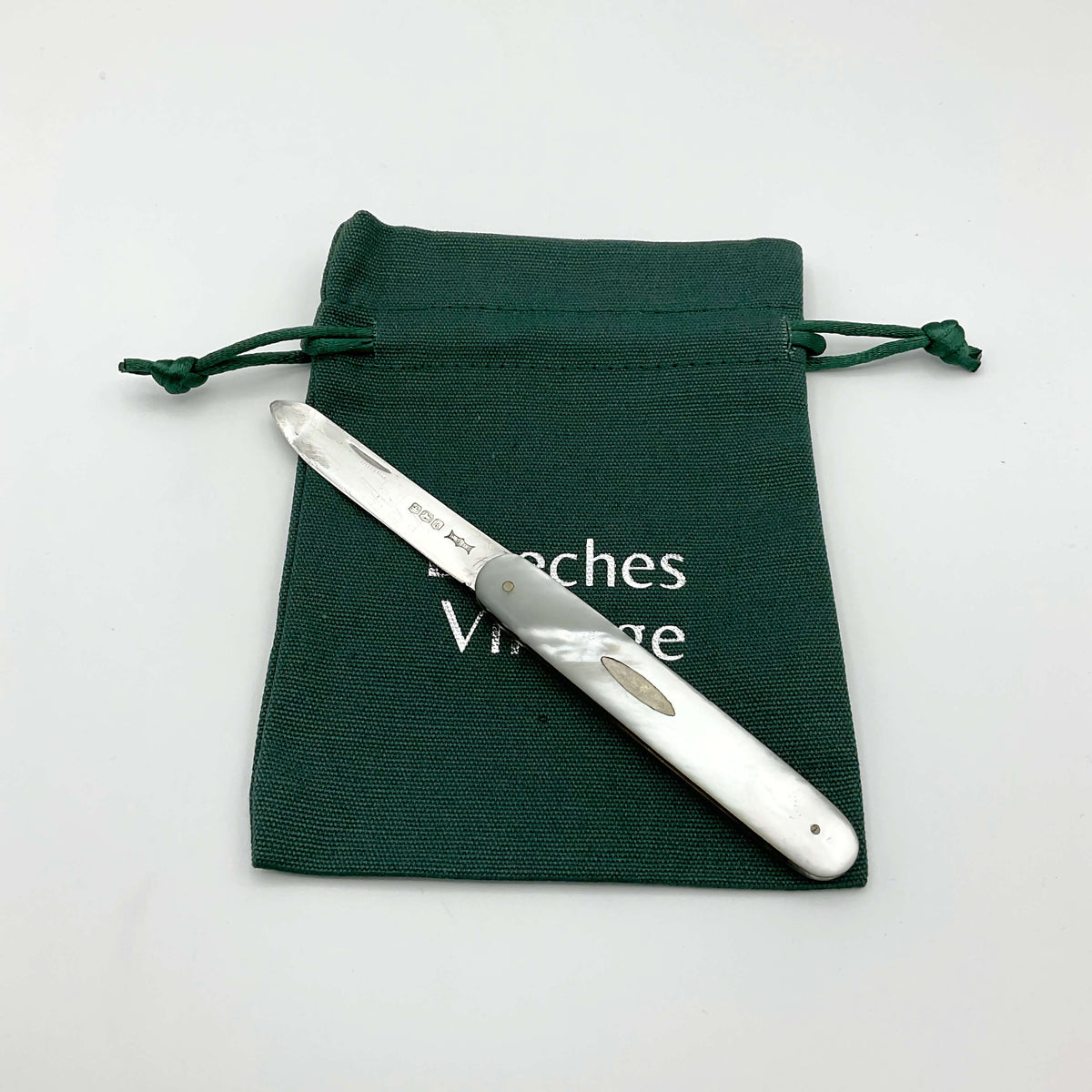 Silver fruit knife with a mother of pearl handle On a green gift bag on a white background 