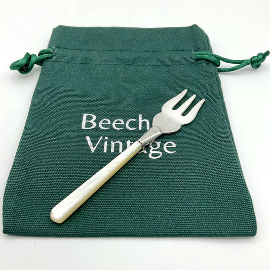 Small silver plated olive pickle fork with a mother of pearl handle, vintage Beeches fork for serving olives or pickles.