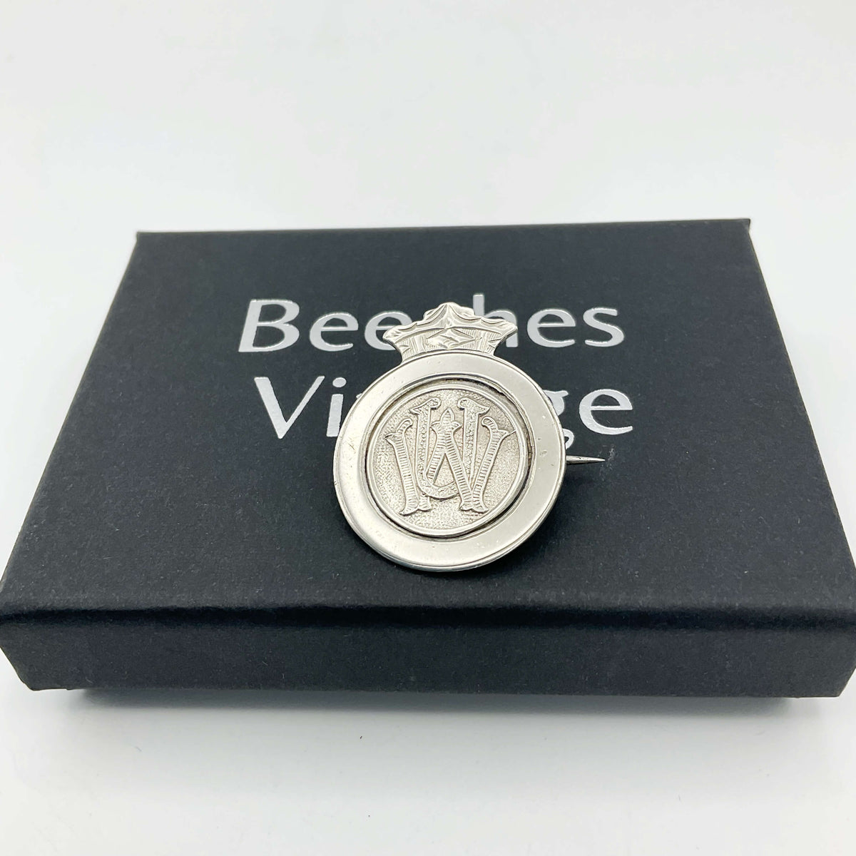 Vintage 1920s Sterling Silver Union Badge with detailed engraving, crafted by Beeches Vintage.