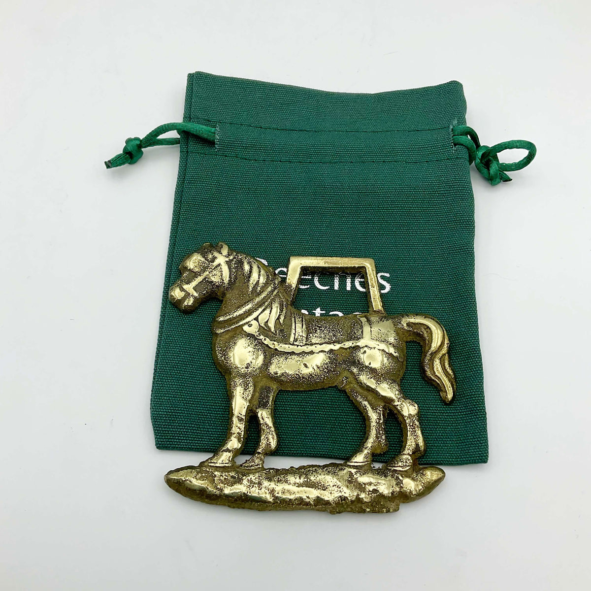 Antique Beeches Vintage horse brass with detailed horse in harness, showcasing vintage brass craftsmanship.