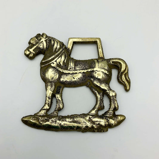 Antique Beeches Vintage horse brass with harness design, detailed brass horse ornament for decorative use.