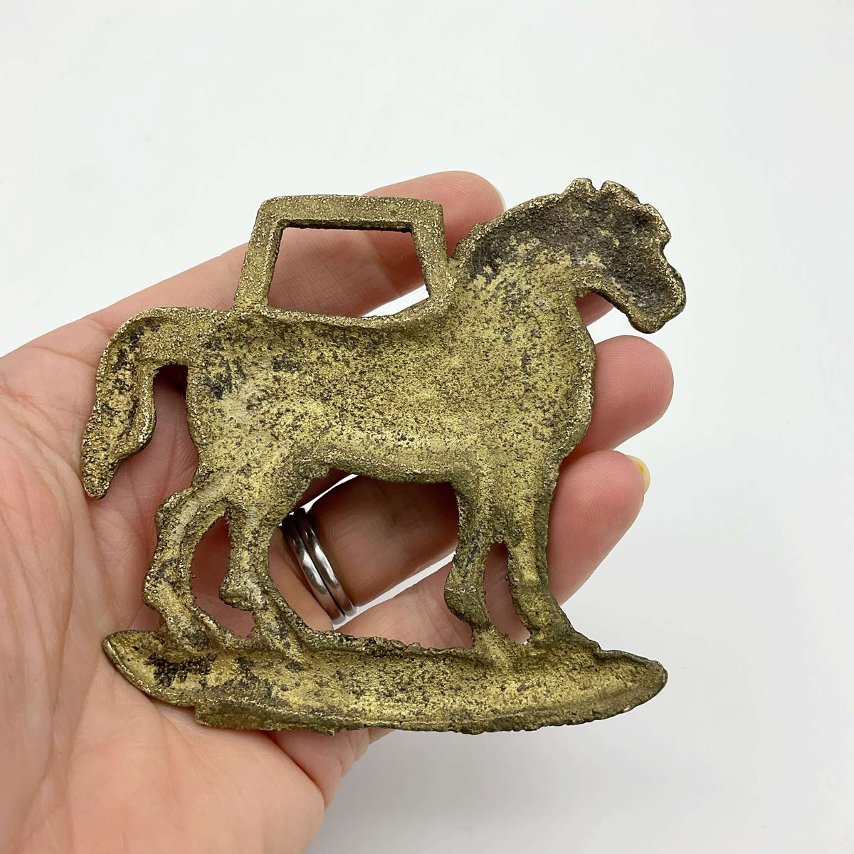 Antique horse brass in harness featuring detailed metalwork, vintage style, from Beeches Vintage.