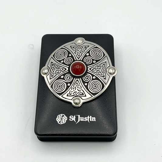 St Justin Carnelian and Pewter Celtic Shield Brooch - Beeches Vintage