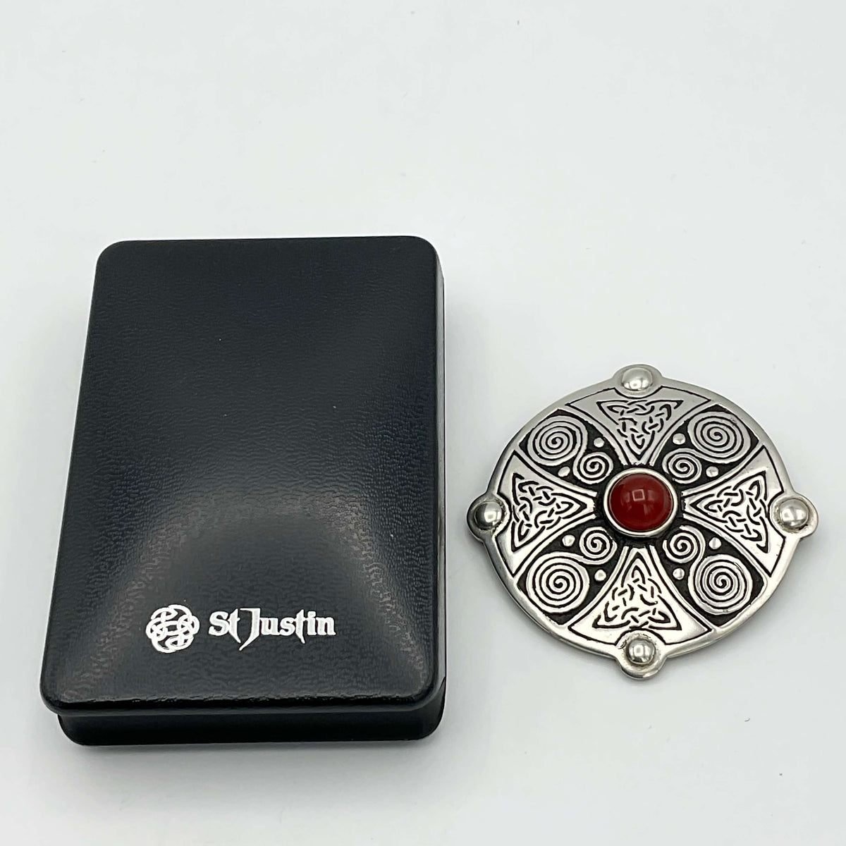 St Justin Carnelian and Pewter Celtic Shield Brooch - Beeches Vintage