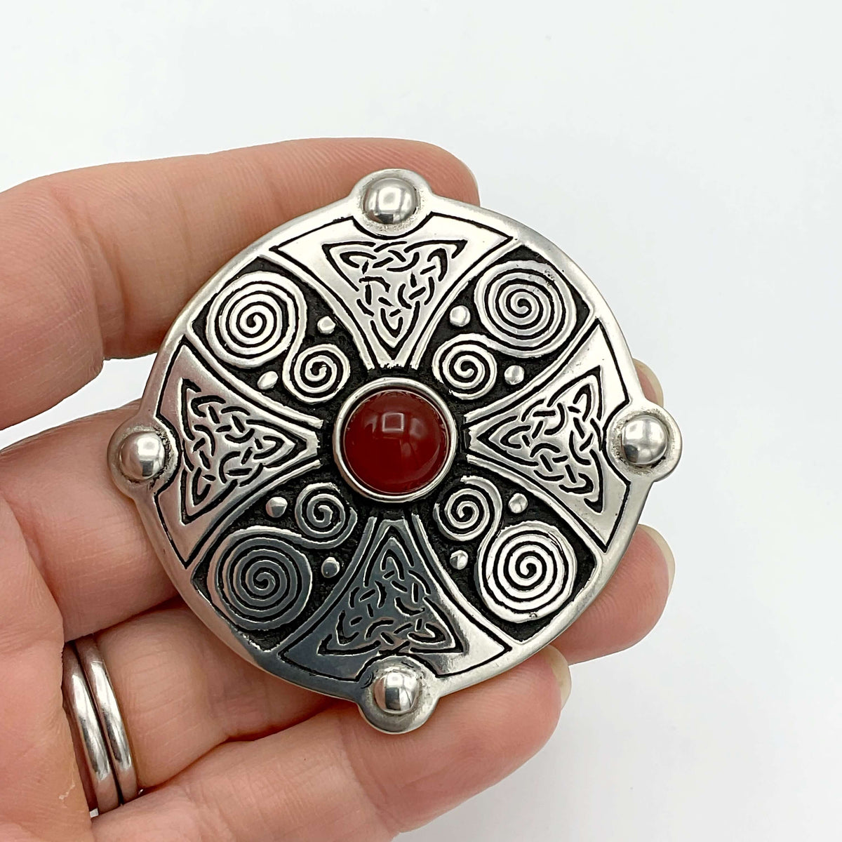 St Justin Carnelian and Pewter Celtic Shield Brooch - Beeches Vintage