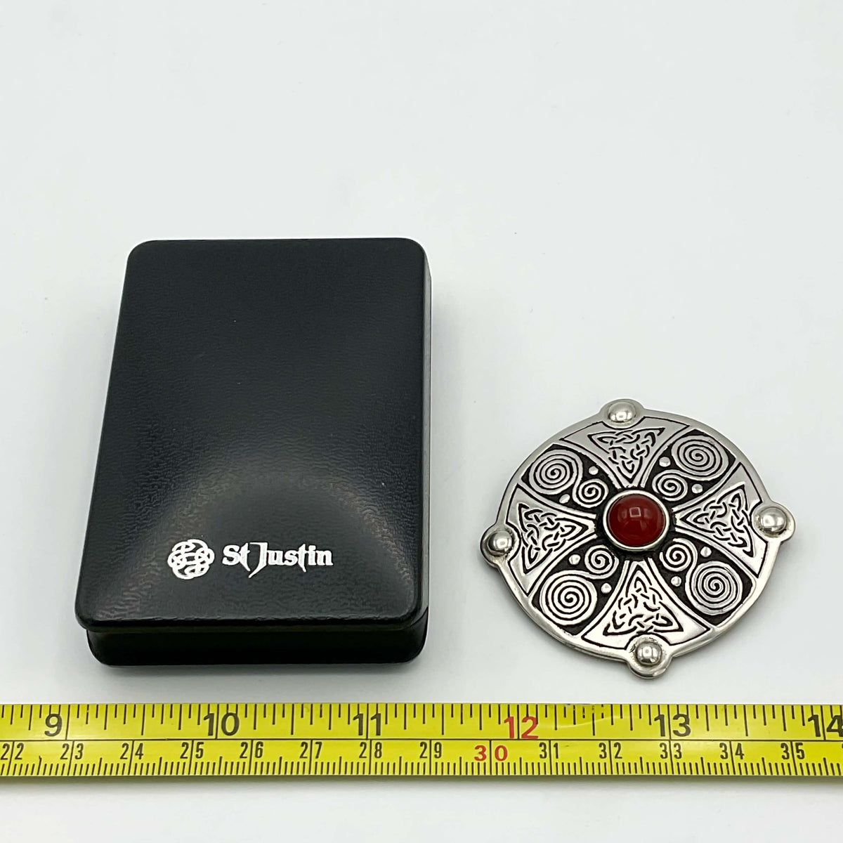 St Justin Carnelian and Pewter Celtic Shield Brooch - Beeches Vintage