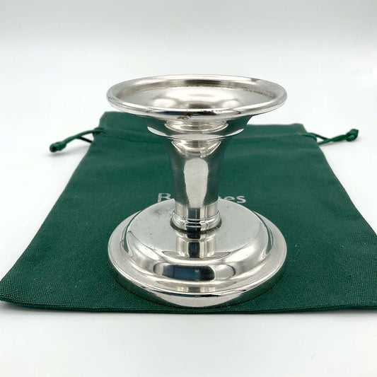Vintage 1960s silver plated candlestick holder from Beeches Vintage, showcasing a classic antique design and intricate detailing.