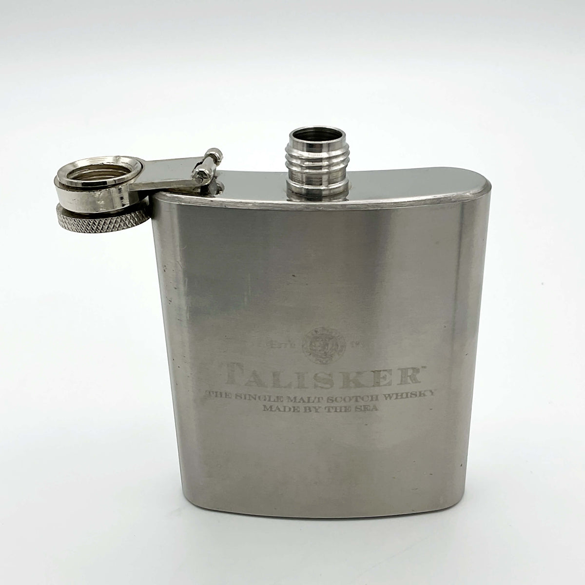 Talisker hip flask with lid unscrewed 