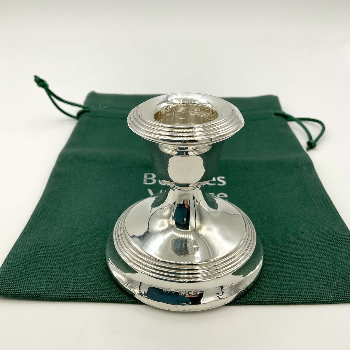 Antique Sterling Silver Candle Holder from Beeches Vintage, elegant candlestick design with intricate detailing and polished finish.